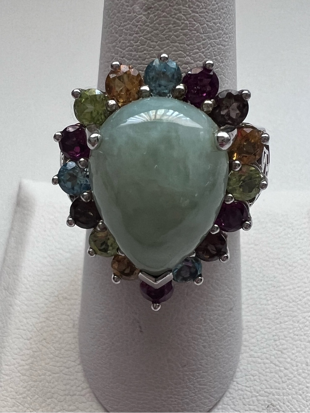 Sterling Silver Green Jade Multi Gemstone Halo Cocktail Ring Size 8